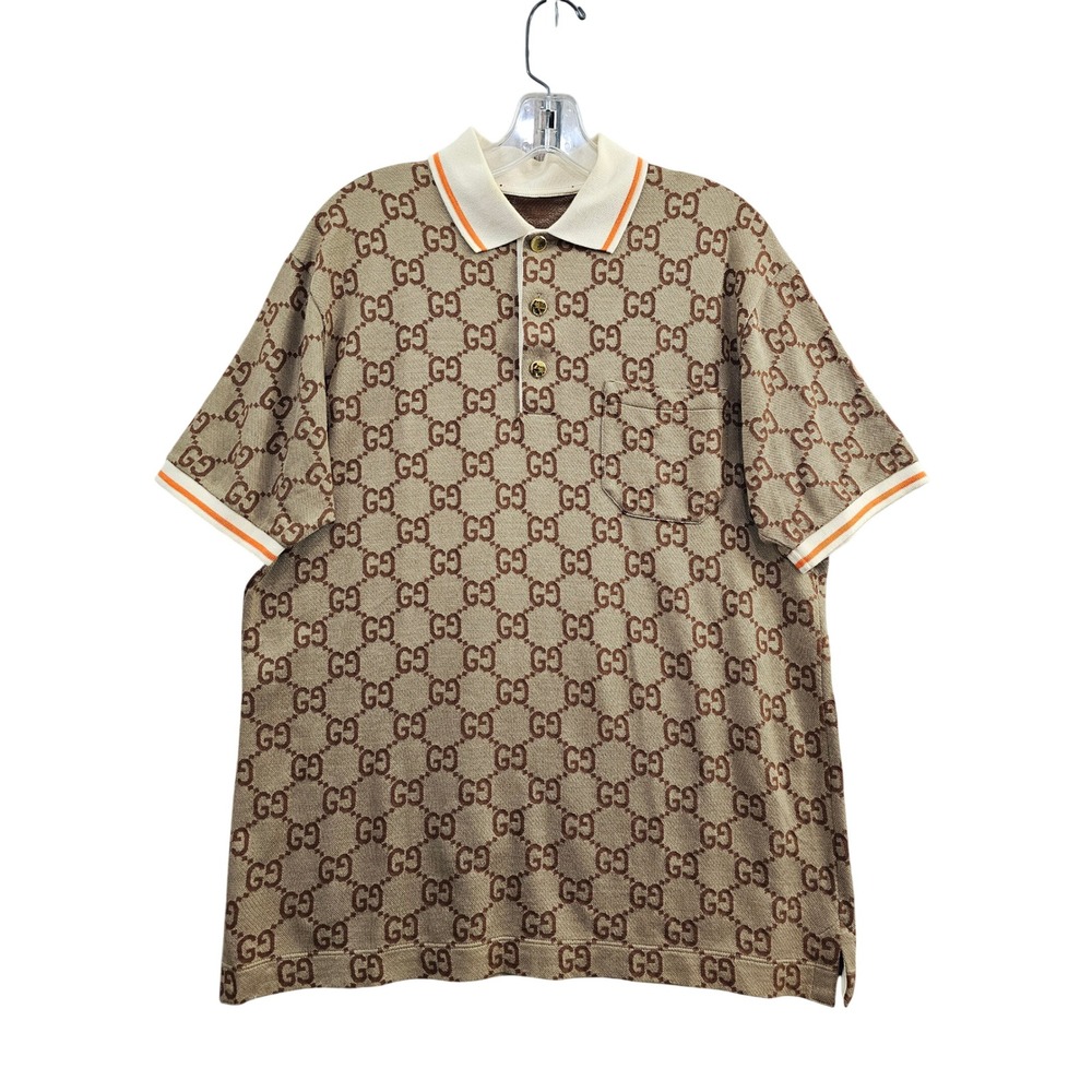 Gucci GG Supreme Monogram Polo Shirt Mens Brown Beige Orange Knit Gold Buttons